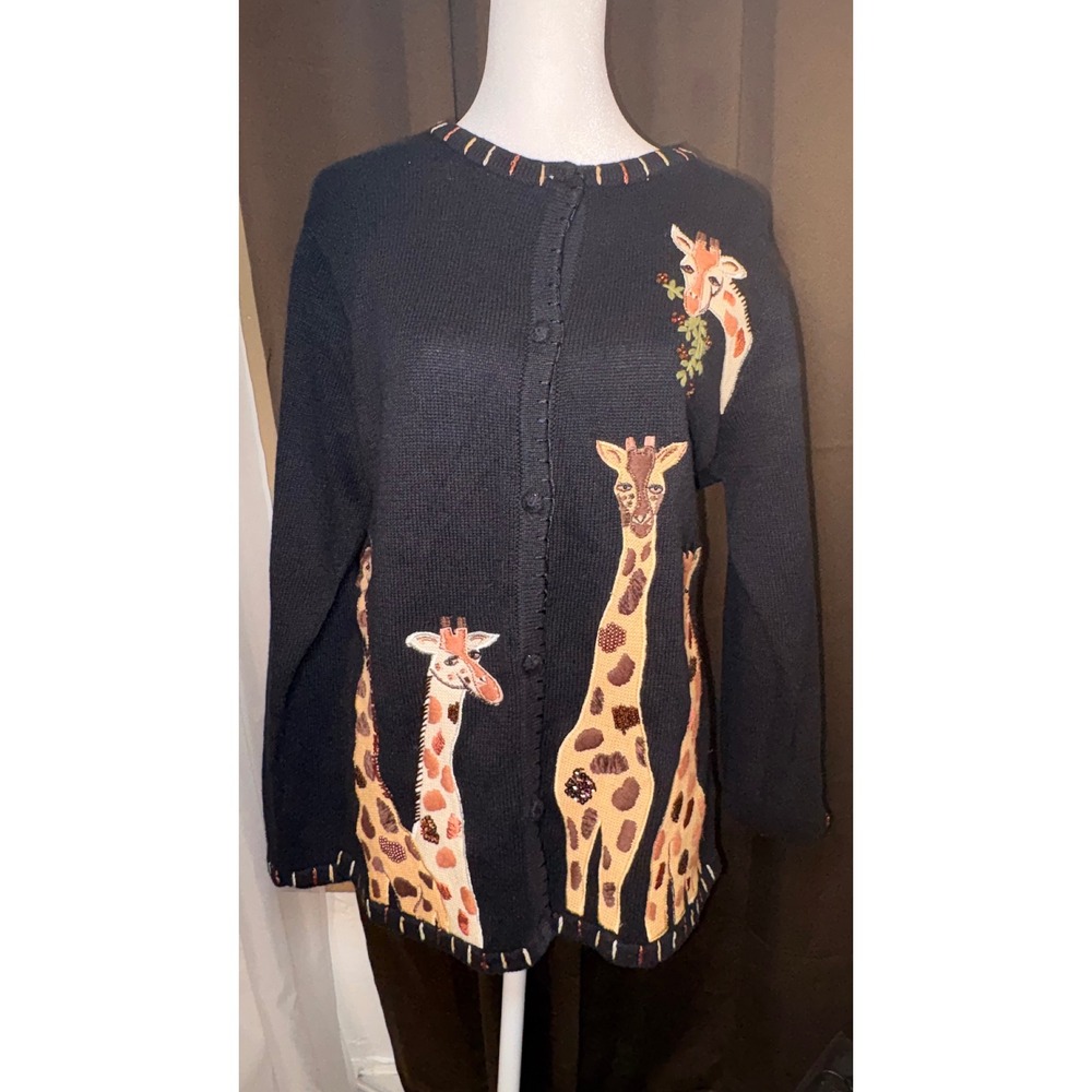 Quacker Factory Giraffe Cardigan Beaded Embroidered Safari Sweater Grannycore